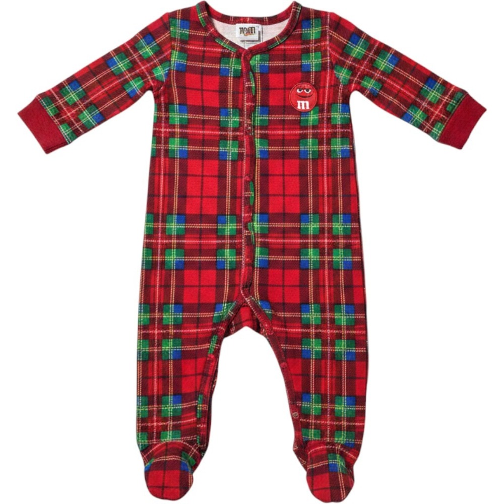 M&M's World Baby 12M Red Plaid Cotton Footie Pajamas Snap Front Holiday Sleeper